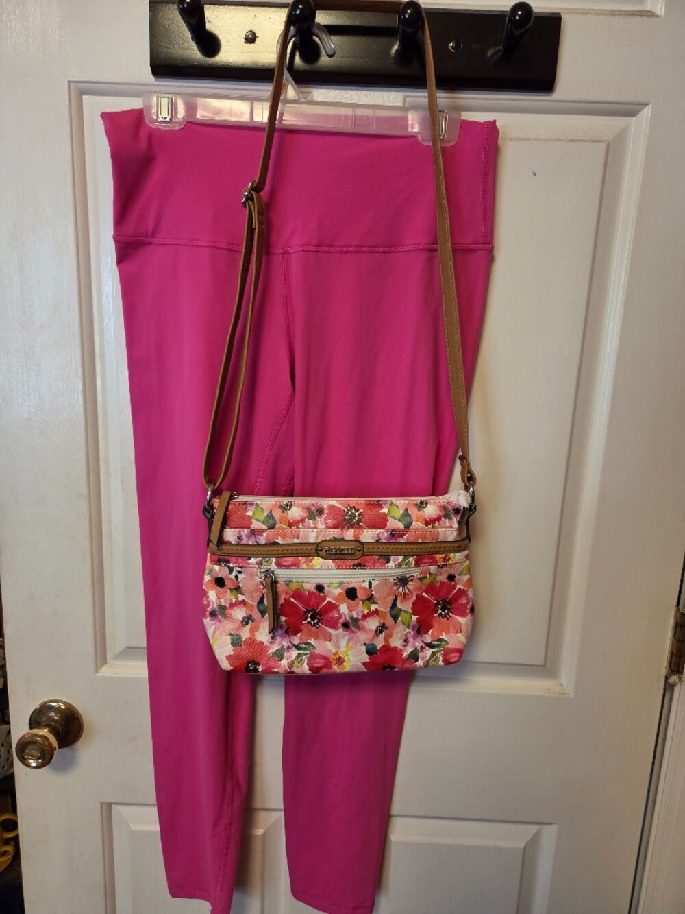Pink Buttery Soft Yetele Leggings/ Floral Pink Rosetti Crossbody Bag.